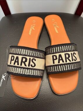 New Paris Embroidered Slide Sandals in Tan, Black & Cream